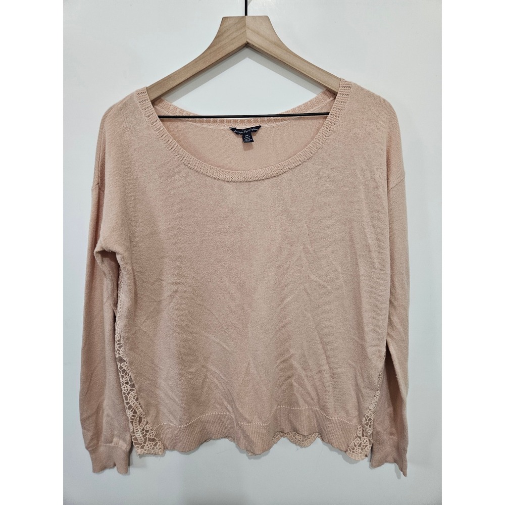 American Eagle Outfitters Women Peach Lace Back Crochet Pullover Sweater Medium